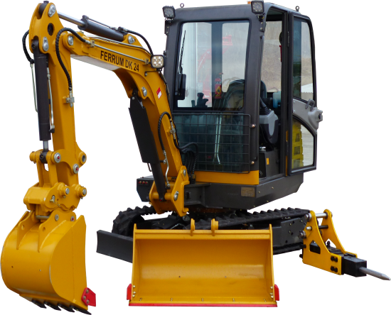 Preview: Minibagger kaufen - FERRUM DK24 mit Tieflöffel und Böschungslöffel in Gelb 2000px