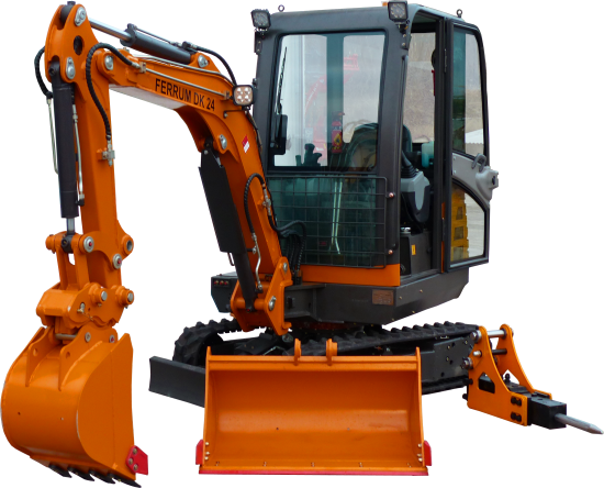 Preview: Minibagger kaufen - FERRUM DK24 mit Tieflöffel und Böschungslöffel in Orange 2000px